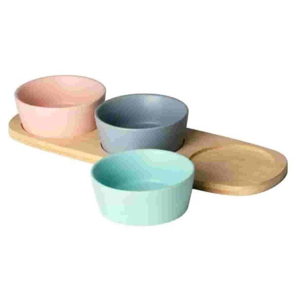 Kit petisqueira bandeja de bambu 10x32cm com 3 Ramequins de cerâmica Lyor