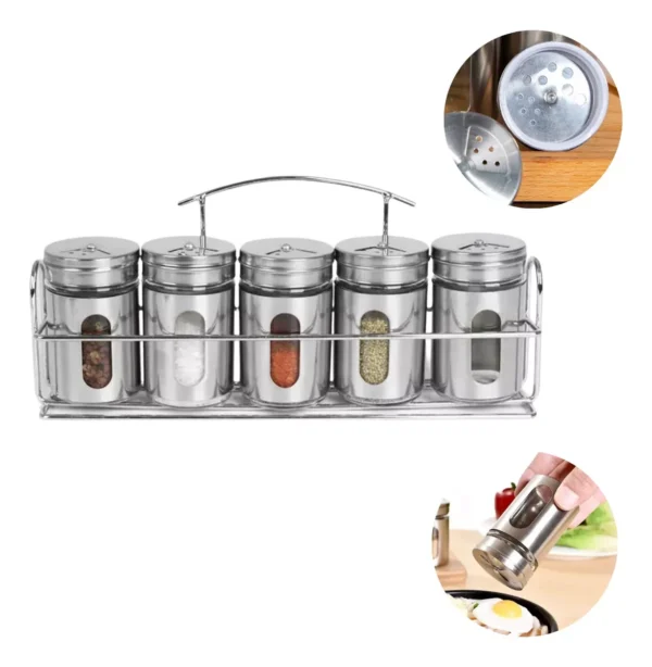 Porta Condimentos Tempero Inox Saleiro 5 Potes Suporte Visor